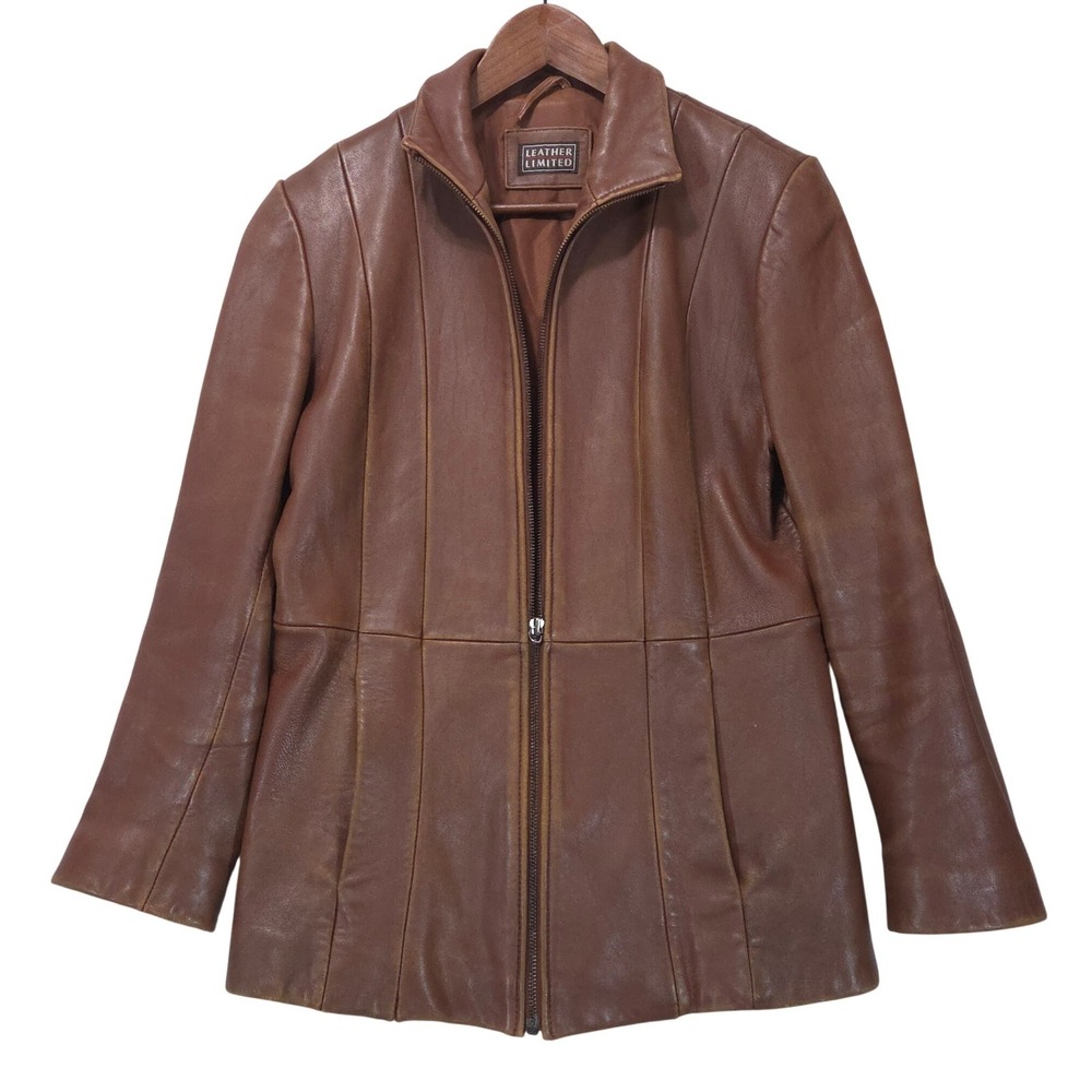 Vtg Leather Limited Zip Up Jacket Womens S Brown Y2K Grunge Minimalist Outerwear